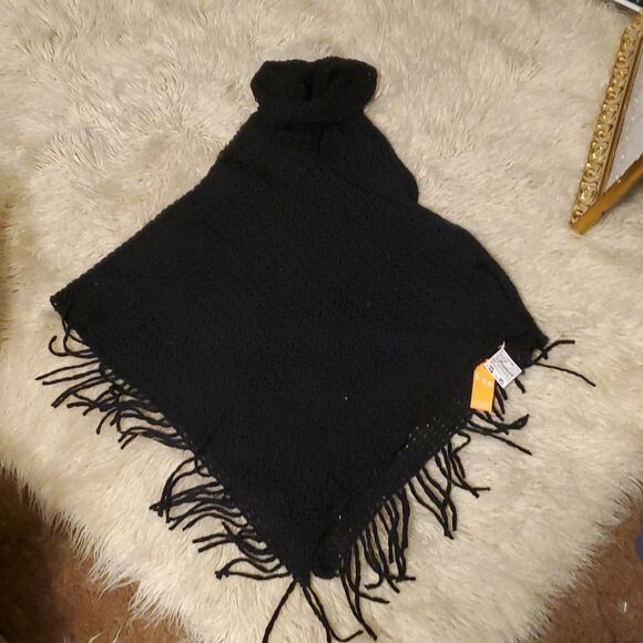 Black Knit Poncho with Fringe Cloaked Rowana Poncho - Black - Picture 2 of 9